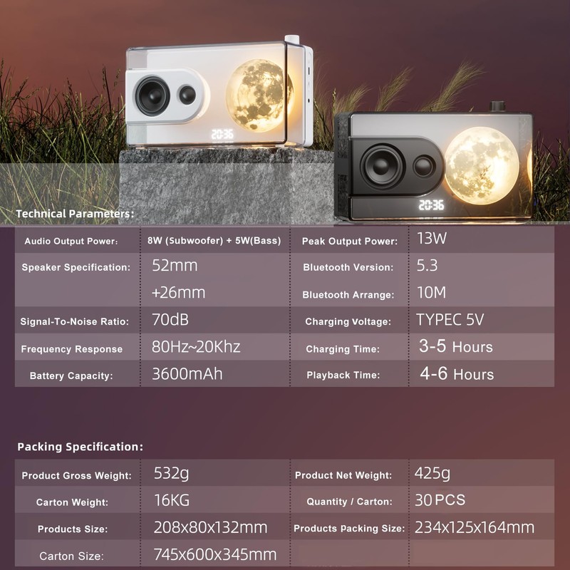 AIMHON Moon Night Light Bluetooth Speaker with LED Display, Dual