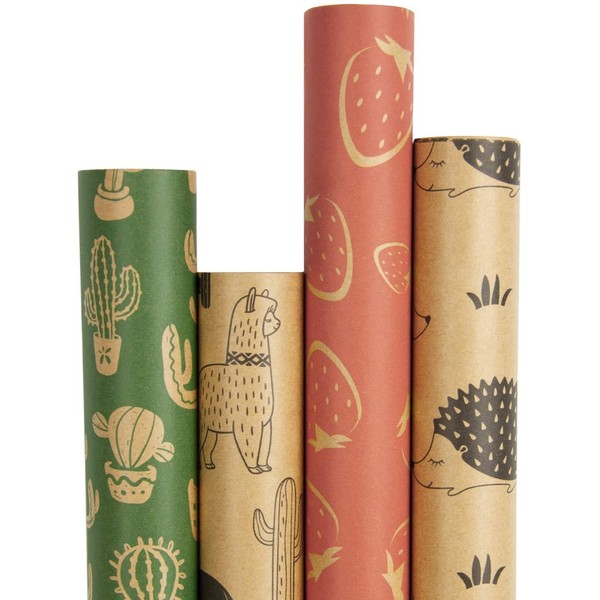 RUSPEPA Kraft Wrapping Paper Roll - Cactus/Strawberry/Alpaca/Hedgehog Printed Great for Congrats, Holiday and Special Occasion - 4 Roll - 30 inches X 10 feet Per Roll