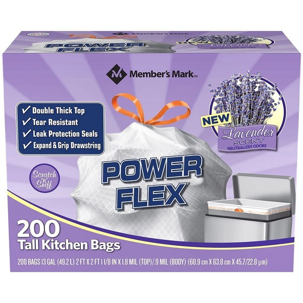 Members Mark Power Flex Tall Kitchen Drawstring Trash Bags (13 Gallon, 2 Rolls of 100 Ct, 200 Count Total), White