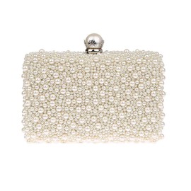 ZAKIA Womens Faux Pearl Beaded Evening Clutch Bag Bridal Wedding Handbag Party Embedded Frame Purse (Cream White)