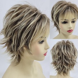 CZLHLZ Women's Fashion Short Synthetic Wigs Pixie Cut Blonde Ombre Hair Costume Party Female Natural Curly Wavy Wig (Blonde)