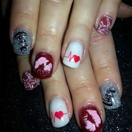 Glitter Press on Nails Short Square Fake Nails Lip Print Designs False Nails Valentines Glue on Nails ECG Heart Love Acrylic Nails Full Cover Stick on Nails for Women Girls Nail Art Manicure 24 Pcs