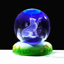 6cm Crystal Ball Engraved 3D Cute Cat and Butterfly Figurine Paperweight with LED Light Base, Cat Themed Ornament Gifts for Women Friend Cat Lovers for Birthday Christmas Valentine's
