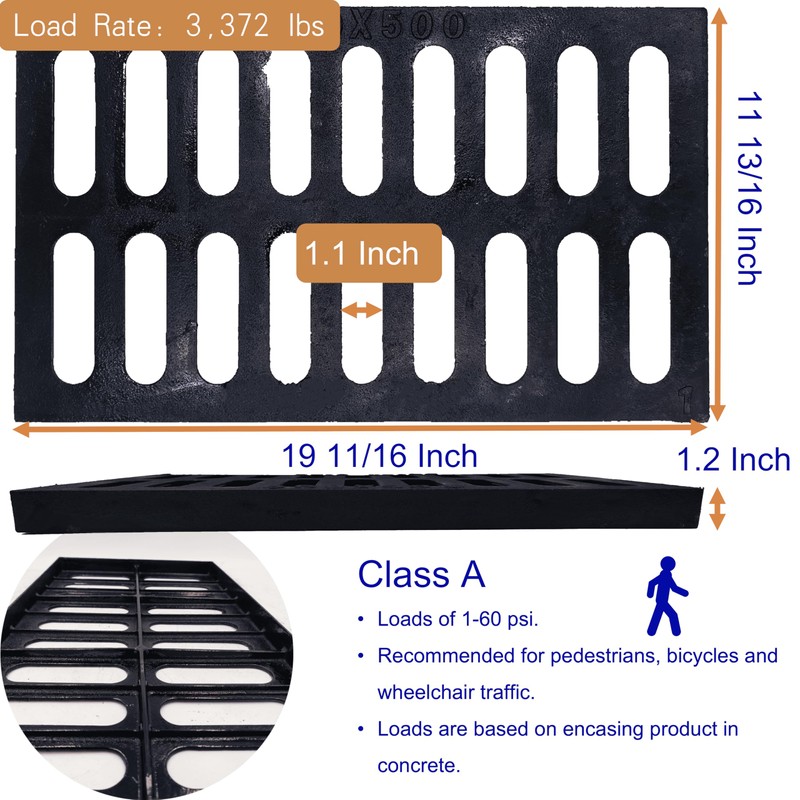 DuuMuut Cast Iron Drain Grate, 20x12 Outdoor Drain Cover, A