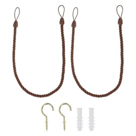 PATIKIL Curtain Tiebacks Ropes, 2 Pack Decorative Tie Backs Braided Curtain Holdback Cord for Home Office Decor, with Screw Hooks & Bolts, Dark Brown