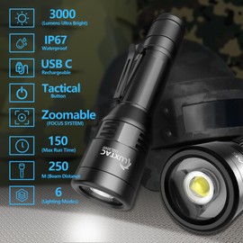 LUXTAC Zoomable Flashlight High Lumens-3000LM Duty Light- Ultra Bright Rechargeable LED Flashlight with 6 Modes,150H Max Runtime,Durable,Waterproof Flashlight for Outdoor&Emergency&Camping Use