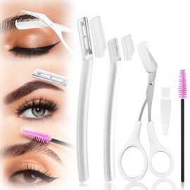 Tokusatsu Eyebrow Kit, Trimming and Shaping Brow Set with Eyebrow Scissors with comb, Eyebrow Razor, Spoolie Brush and Cleaning Brush, Eyebrow Trimmer Scissors for Women/Men, White