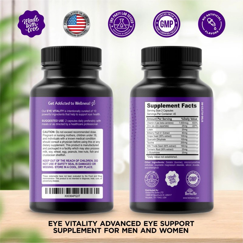 HerbaMe Eye Vitamins 90 Capsules Lutein Bilberry Beta Carotene Zinc