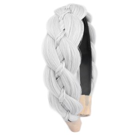 VOPPIS Wide Braided Headband with Teeth Synthetic Hair Plaited Headband Fishtail Braided Hair Band Hairpiece for Girls Women Beauty Accessory (White Gray, Wide)