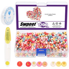 Swpeet 1202 Pieces Colourful Letter Beads Acrylic Bead Alphabet "A-Z" Round Beads, 4 x 7 mm Mixed "A-Z" Alphabet Bead Spacer Loose Bead with 1 Roll Crystal String Cord and Scissors for Jewellery