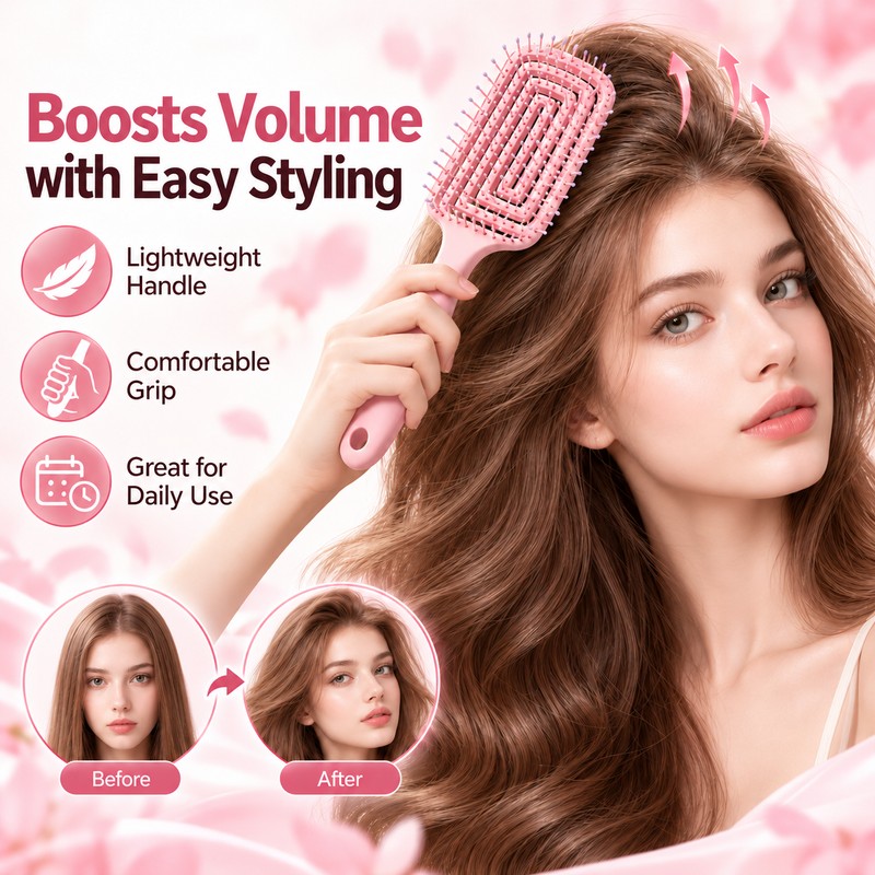 Hollow-Out Fine-Tooth Detangling and Volumizing Hair Comb for Real Hair