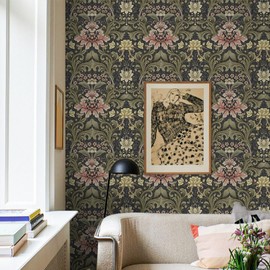 Abyssaly Dark Green Floral Peel and Stick Wallpaper, Moody Contact Paper, Removable Self-Adhesive Printed William Morris Vintage Flower Wall Murals for Bathroom Bedroom Home Decor 17.3in x 118in