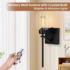 haultop Wireless Glass Wall Sconces Set of Two with Remote, Stepless Dimmable Battery Operated Wall Sconce with Crystal Bulb, Rechargeable Battery Wall Sconce for Bedroom, Wireless Sconces Set of 2