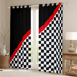 feelingyou Race Car Curtains for Windows,Black White Checkered Grid Curtains for Living Room,Racing Themed Red Stripes Geometric Blackout Drapes 2 Panel Sets,46x54L