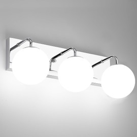 Kosmbruk Mid Century Modern Bathroom Light Fixtures, 3-Light Chrome Vanity Lights Bathroom Lighting Fixtures Over Mirror, Wall Sconces Wall Lighting with Globe Frosted Milk Glass Shades