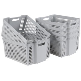 Neadas 6 Packs Large Plastic Storage Stacking Baskets, Large Stackable Cupboard Baskets, Grey