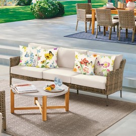 Bonhause Spring Floral Cushion Covers 45 x 45 cm Garden Flowers Butterflies Polyester Linen Decorative Throw Pillow Covers for Sofa Couch Bed Home Patio Outdoor Decor Set of 4