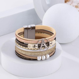 RONLLNA Initial Letter Leather Boho Bracelets for Women Wrap Cuff Bracelets Gifts for Women Trendy Pearl Beads Cuff Bracelet Jewelry J