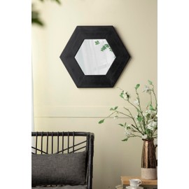 TREATLIFE HOME Enhance Room Ambiance with Hexagon Mirror, Solid Teak Wood Frame, 18.5" Wall Decor for Living Room, Bathroom, or Hallway, Black
