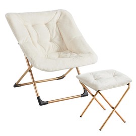 Youtanic Comfy Oversized Saucer Chair with Ottoman,Soft Faux Fur Reading Lounge Chair for Adults,Stable X-Large Metal Frame and Non-Slip Pad,Cozy Chair for Bedroom, Living Room, Dorm, Office, Beige