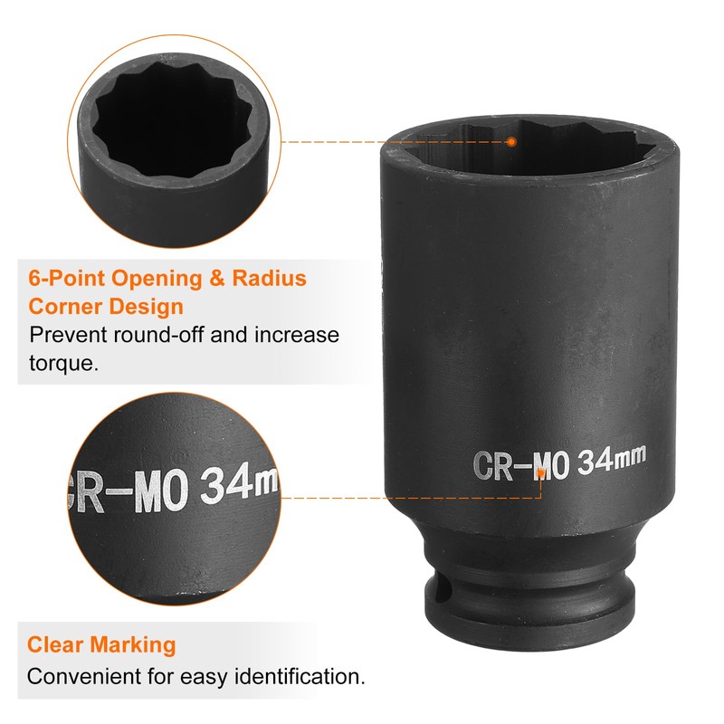 sourcing map 12-Point Deep Impact Socket 1/2 Inch Drive 34mm