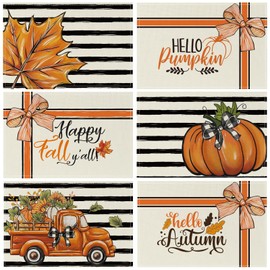 Happy Fall Hello Pumpkin Placemats Set of 6,Black Stripe Autumn Maple Leaves Pumpkins Truck Table Dinner Mats for Outdoor Seasonal Home Harvest Party Dining Decoration, 12 x 18 Inch