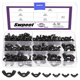 Swpeet 135Pcs Black High Strength Carbon Steel Serrated Metric Wing Nuts Butterfly Nuts Hex Dome Cap Assortment Kit, 7 Sizes - M3 M4 M5 M6 M8 M10 M12