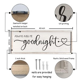flowtorely Always Kiss Me Goodnight Wall Sign For Master Bedroom Above Bed Wall Decor 40''×15'' Large Rustic Solid Wood Frame For Farmhouse Couples Above bed Wall Art Decoration (White)