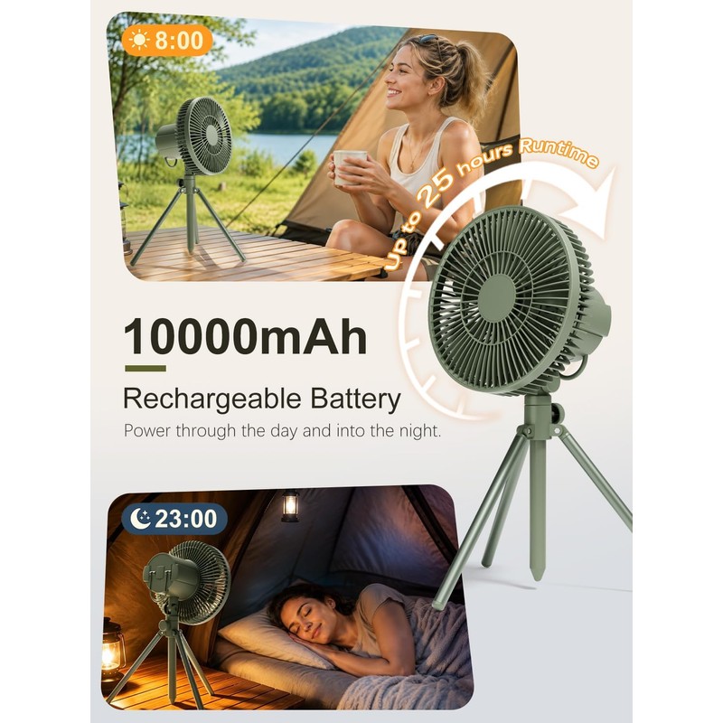 Camping Fan, 10000mAh Rechargeable Tent Fan with Remote Control