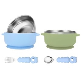 Wesketch 2 Pack Stainless Steel Baby Bowls with Removable Non-Slip Silicone Suction Shell, Anti Scald Food Container for Baby Food Feeding, Forks + Spoons Included - Blue & Green