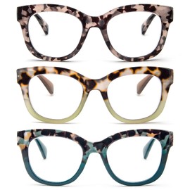 DXYXYO Oversized Oprah Style Reading Glasses for Women 2.5, 3 Pack Square Blue Light Blocking Computer Readers with Spring Hinge, Grey Cream-green Cyan