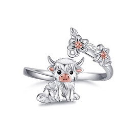 CUPENDA Highland Cow Rings Sterling Silver Daisy Flower Rings Cow Adjustable Open Rings Highland Cow Jewelry for Women, Silver, No Gemstone