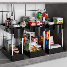 JYSMYWS 3 Pack Under Sink Organizers and Storage, 2 Tier Bathroom Cabinet Organizer Shelf with Hanging Cups for Kitchen & Bathroom (Black)