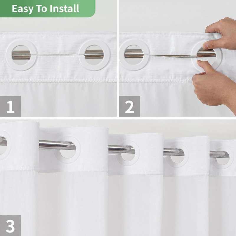 eachope White No Hook Shower Curtain with Snap-in Fabric Liner