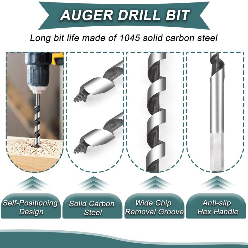 STARVAST Auger Drill Bit Set, 6-Piece Wood Drill Bit Long