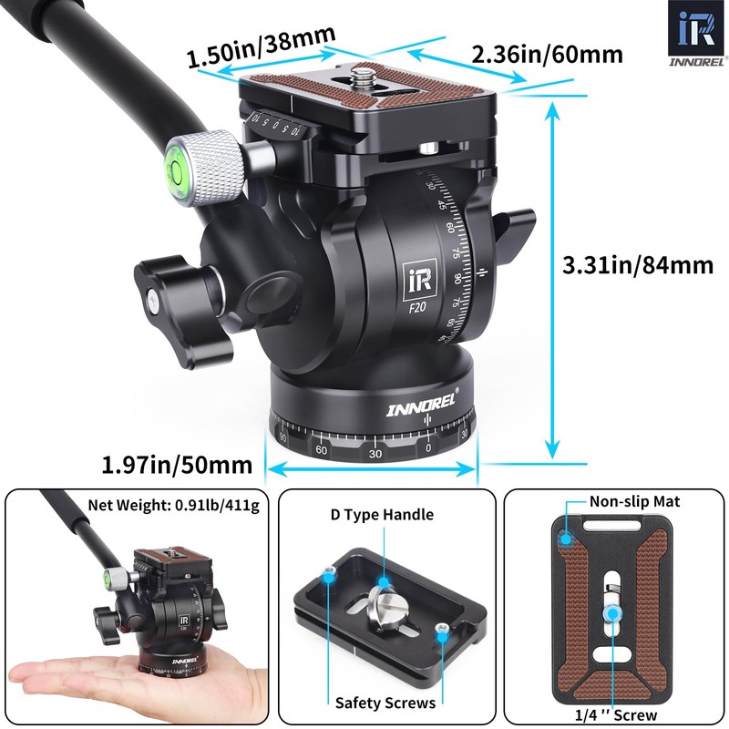 INNOREL F20 Fluid Head,Tripod Pan Tilt Head Mini Pan Metal