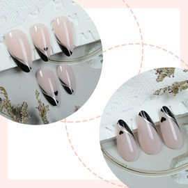 SEENEEY Short Almond Press on Nails French Fake Nails Black Artificial Nail Fall Stick on Nail for Women 24pcs