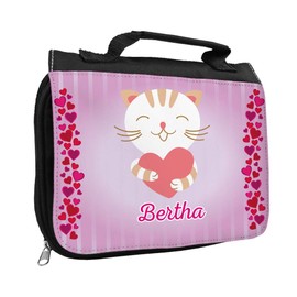 Wash Bag with Name Bertha and Cat Motif with Hearts for Girls Toiletry Bag with First Name Wash Bag for Children