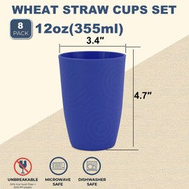 Wrova Wheat Straw Cups 8PCS,12oz Unreabkable Drinking Cups Freezer,Dishwasher and Microwave Safe,Sturdy Plastic Cups Reusable suitable for Kitchen,Camping,Picnic,White-Yellow-Orange-Blue