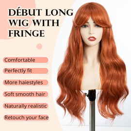 DÉBUT Long Wavy Wig with Fringe for Women, Heat Resistant Synthetic Orange Wigs with Fringe for Daily Party, Cosplay Use (66 cm, 130C)