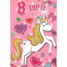 Age 8 Girl Birthday Card - 8th Birthday Unicorn with Glitter 7.75" x 5.25"