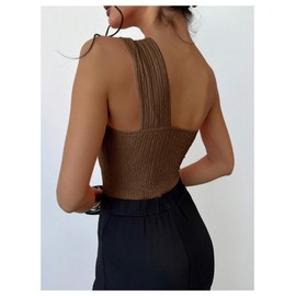 OYOANGLE Women's Textured One Shoulder Twist Front Ruched Bodysuit Sleeveless Tank Top Body Suits Brown Small
