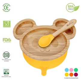 Vinsani Mouse Bamboo Plate and Spoon Set for Baby/Toddler, Mouse-Shaped Suction Plate, Stay-Put Design, Hypoallergenic and BPA-Free (Yellow)