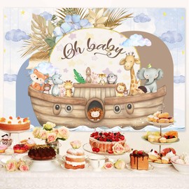 10X8ft Noah's Ark Baby Shower Photo Backdrop Photography Background, Oh Baby Boho Cartoon Animal Woodland Ocean Newborn Kid Party Backdrops Photo Booth Prop Decorations Wall Decor Tablecloth