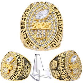 2025 Fantasy Football Championship Ring | Heavy FFL Champion Trophy Ring | Gold Silver Tone Plated Award Trophy for Fantasy Football League Winner (ring and stand together, size 11)