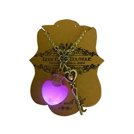 Sailor Moon Inspired Pink Glow In The Dark Heart Shaped Glass Charm and Pink Jeweled Key with Rolo Chain Necklace Pastel Cosplay Anime