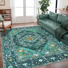 SERISSA Boho Area Rug 5x7 Teal, Washable Large Rugs for Living Room, Ultra Soft Non-Slip Bedroom Rug Print Distressed Vintage Tribal Farmhouse Carpet Rug for Dining Room Dorm Office Home Decor