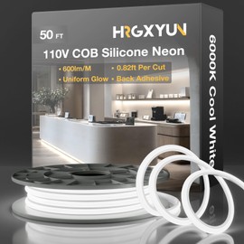 HRGXYUN COB LED Neon Rope Light 110V - 15m/50ft Waterproof Silicone Rope Light with Adhesive Backing, Cuttable 6000K Cool White Neon Lighting for Cabinets, Home Office & DIY Projects