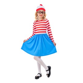 CosExpress Wheres Wally Costume Kids World Book Day Costumes for Gilrs, Where's Waldo Costume with Red and White Striped T shirt,Wheres Wally Hat and Glasses, Wheres Wally Fancy Dress Kids, 5-6