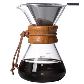 COFISUKI Pour Over Coffee Maker with Reusable Stainless Steel Drip Filter, Lead-Free Borosilicate Glass Coffee Carafe with Modern Wooden Collar for 1-2Cup, Circular Clear (400ml/13.5oz)